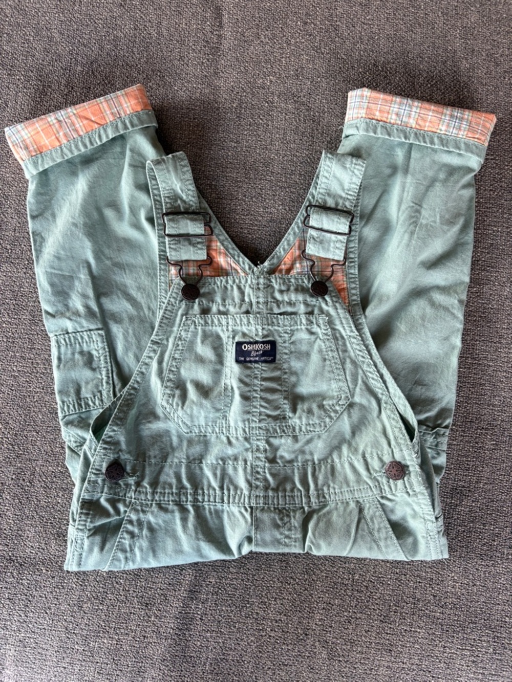 OshKosh B'gosh Sage Green Overalls with Orange Plaid Trim Farm Coveralls Sz 4